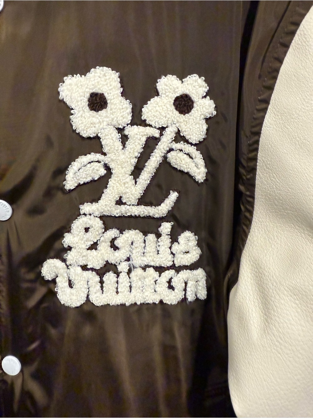 LV style designer Men's Brown and White leather Varsity Jacket - Picture 5 of 15